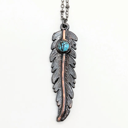 Gunmetal Feather Pendant W/ Turquoise