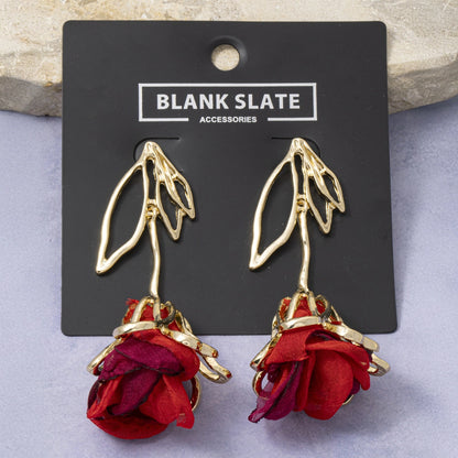 Open Leaf Fabric Rose Earring