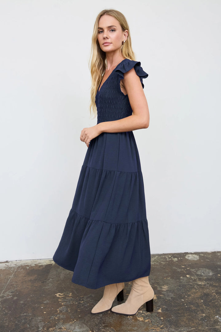 Smocked + Tiered V Neck Dress