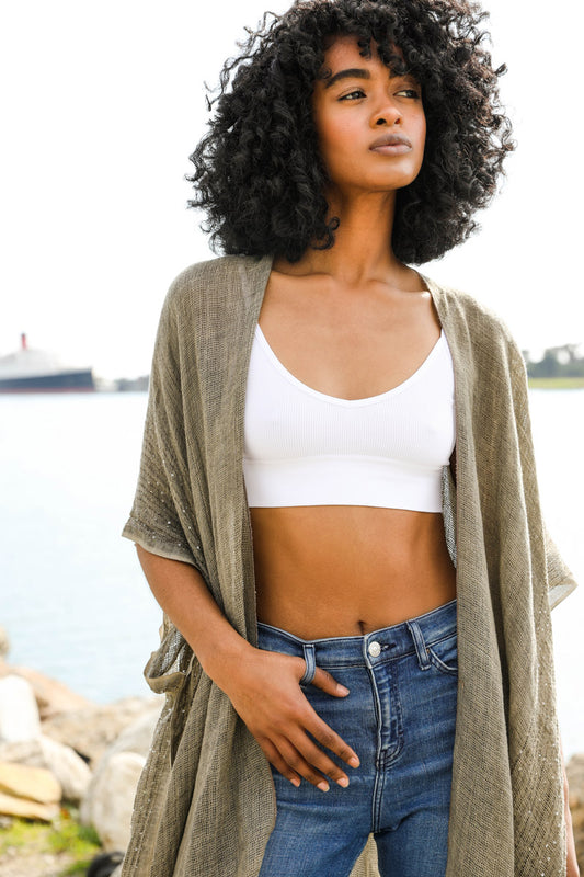 Sequin Border Frayed Kimono