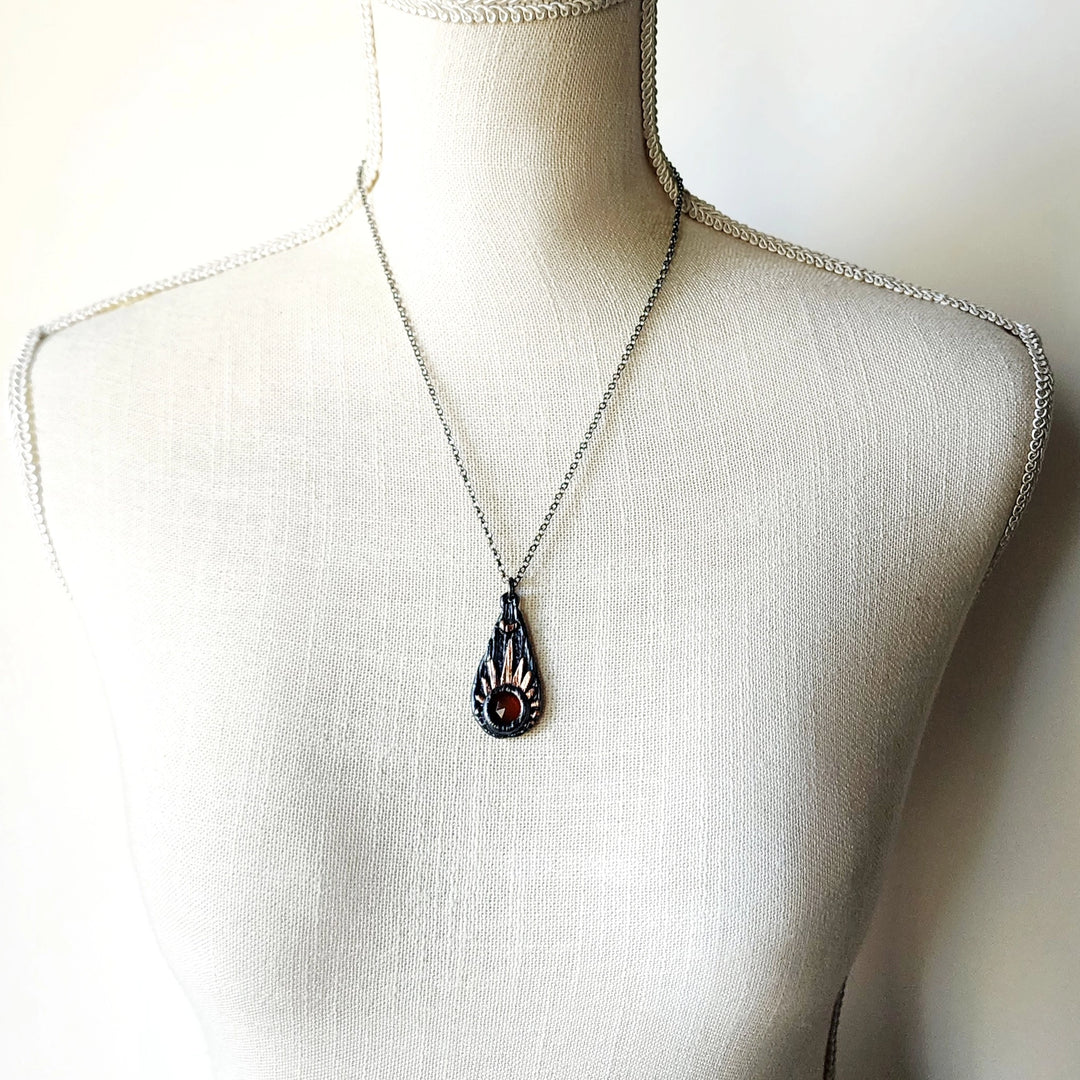 Gunmetal Faceted Carnelian Sunburst Necklace