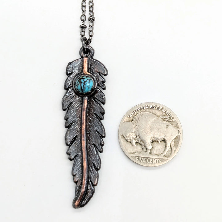 Gunmetal Feather Pendant W/ Turquoise