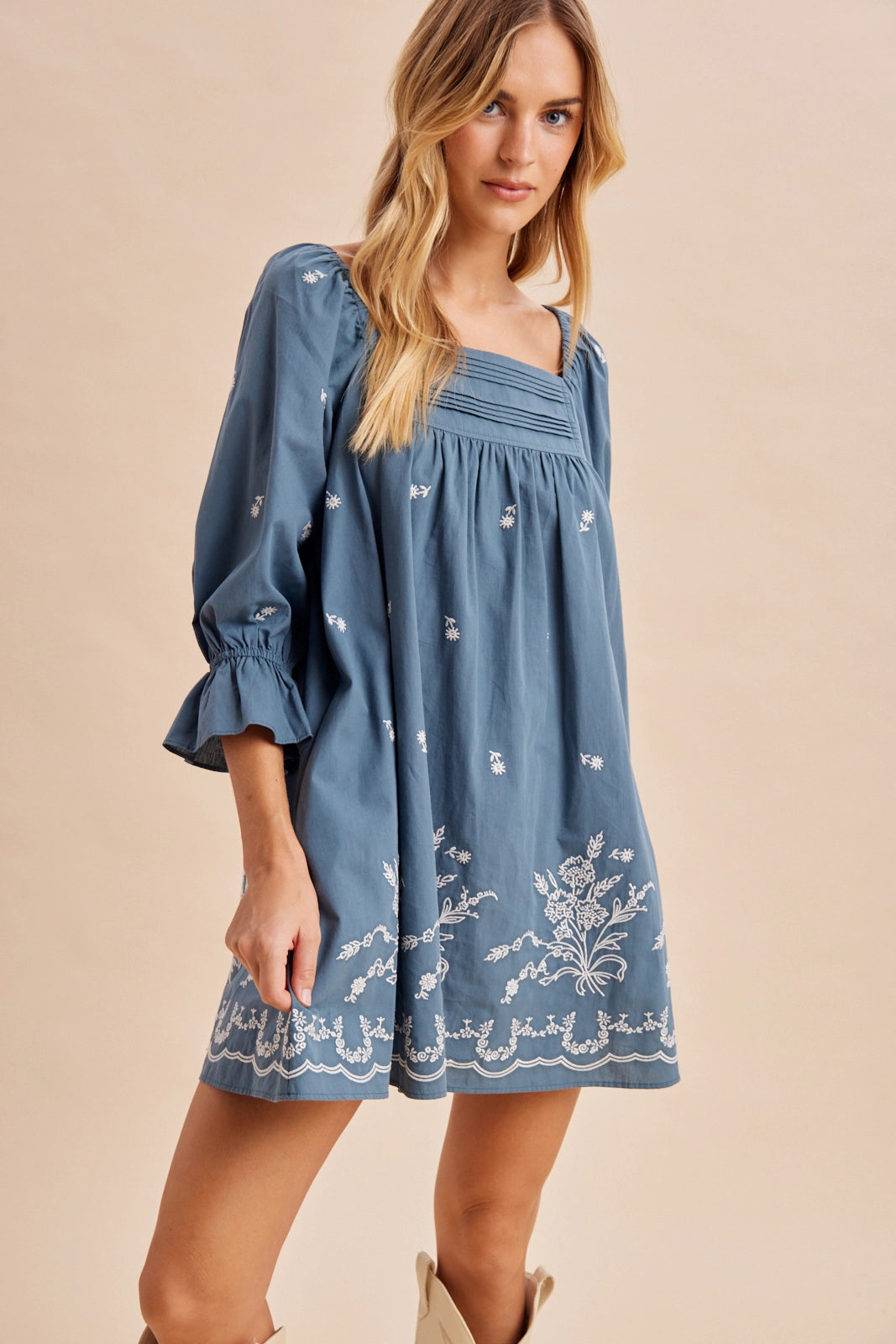 Pleat Detail Embroidered Mini Dress