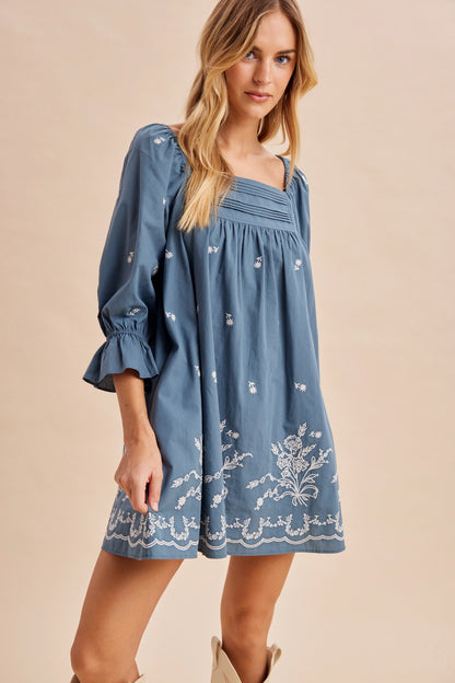Pleat Detail Embroidered Mini Dress