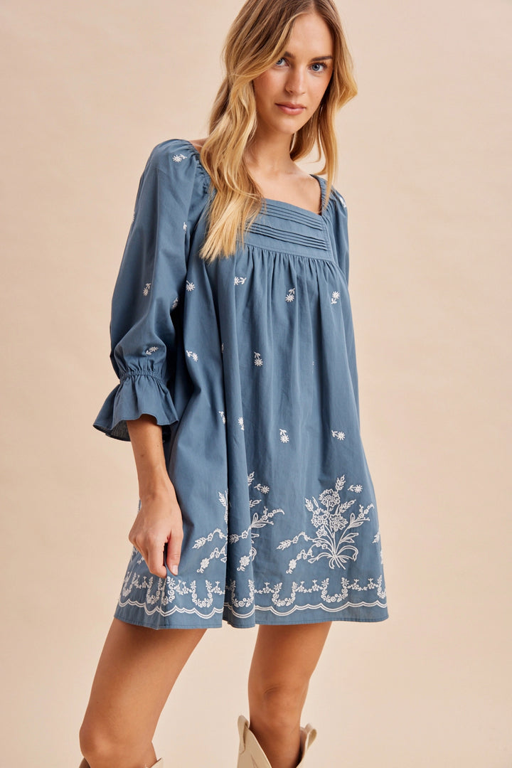 Pleat Detail Embroidered Mini Dress