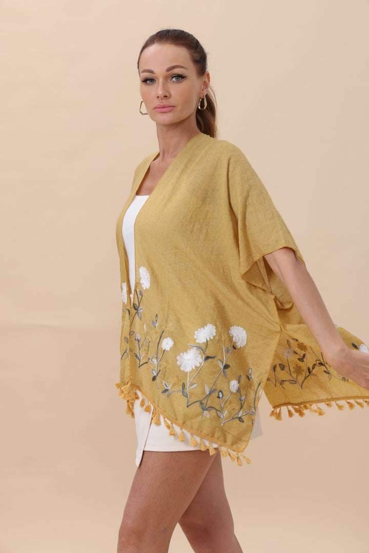 Floral Embroidered Kimono With Tassels