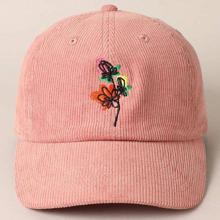 Floral Embroidered Corduroy Ball Cap
