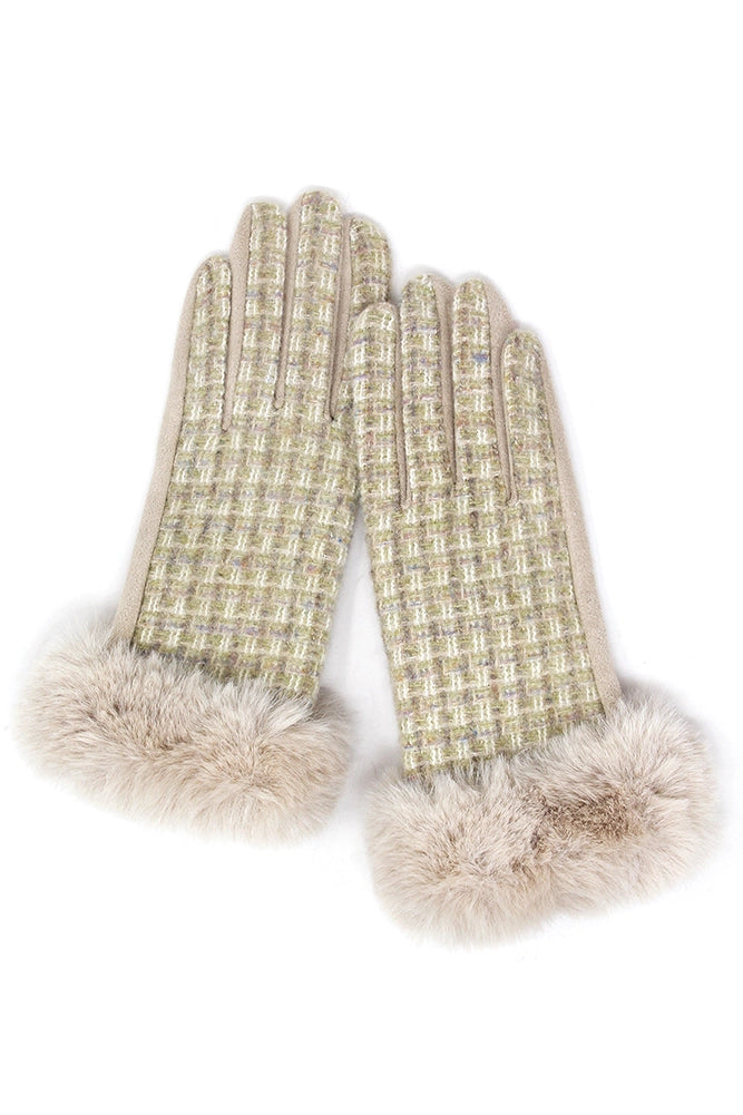 Tweed Gloves W/ Faux Fur Trim