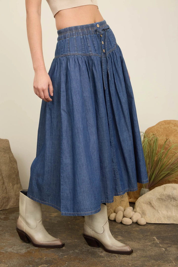 Pintuck Yoke Denim Skirt