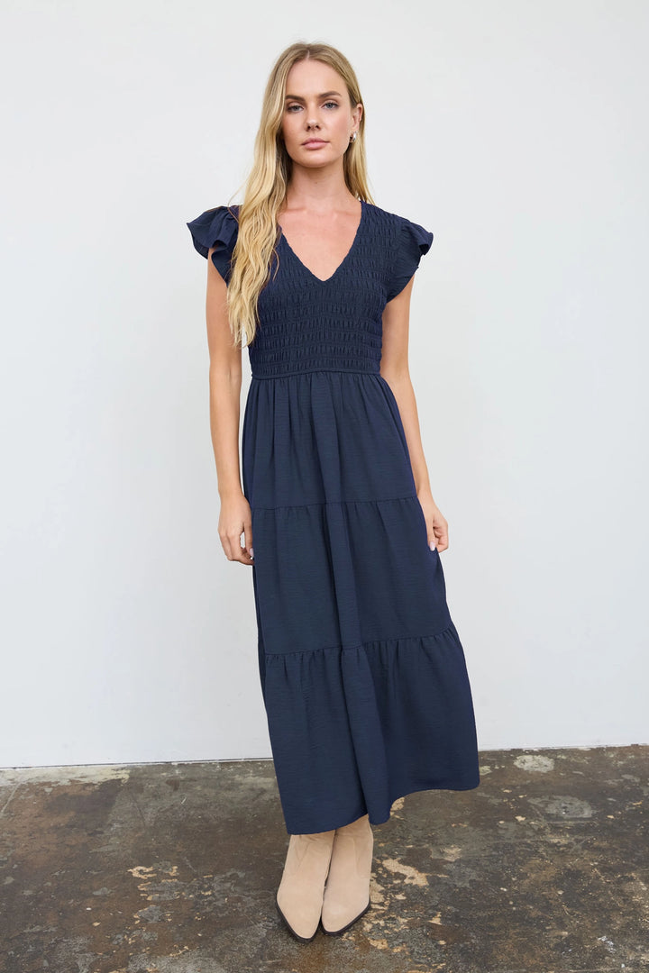 Smocked + Tiered V Neck Dress