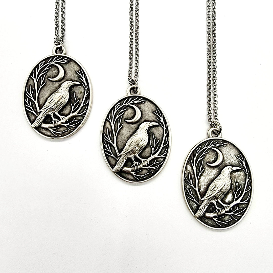 Raven + Crescent Moon Silver Pendant