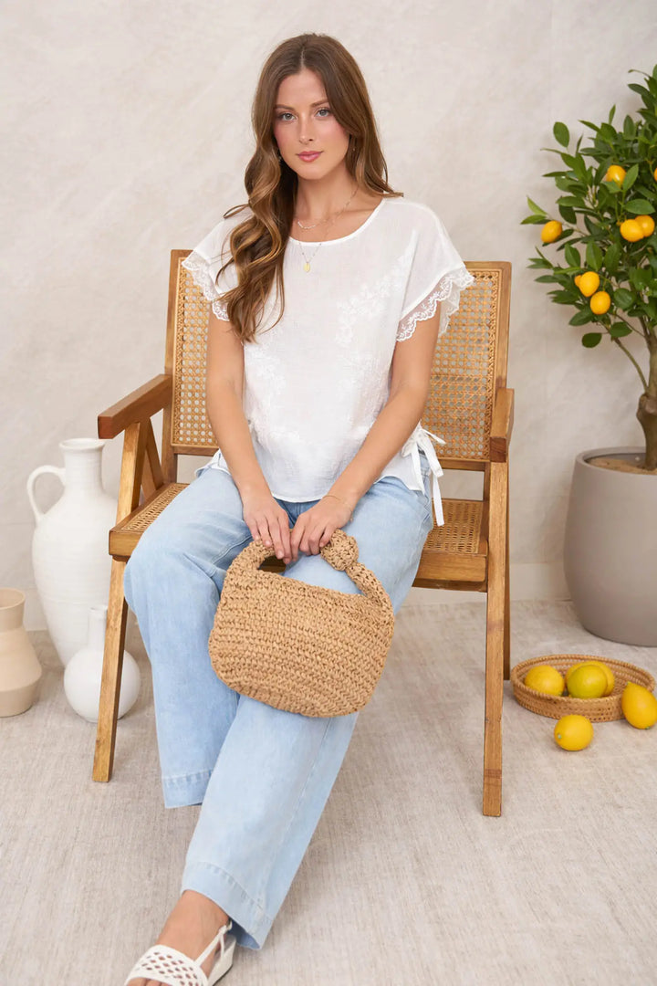 Side Tie Detail Lace Trim Top