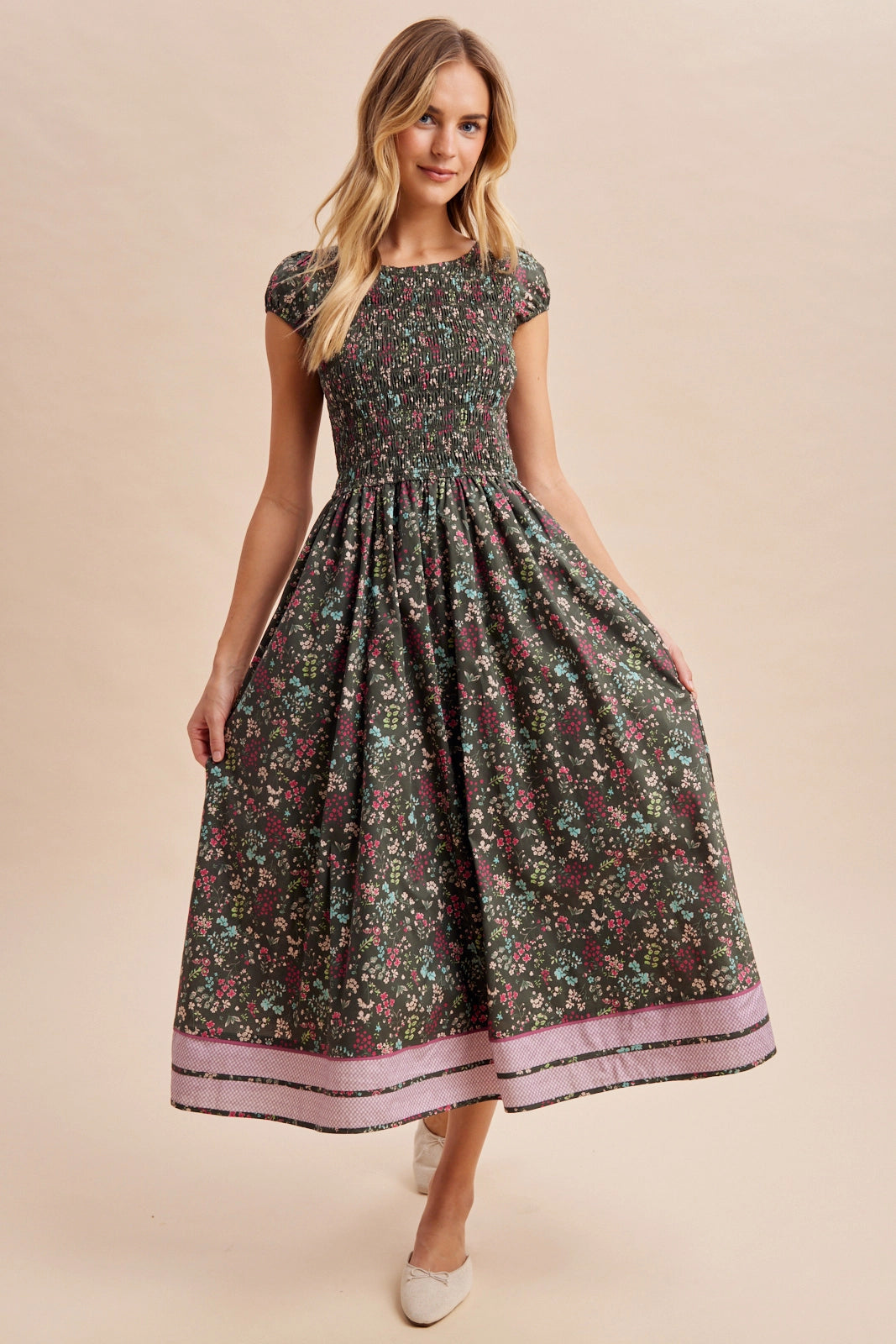 Smocked Floral Midi Dress