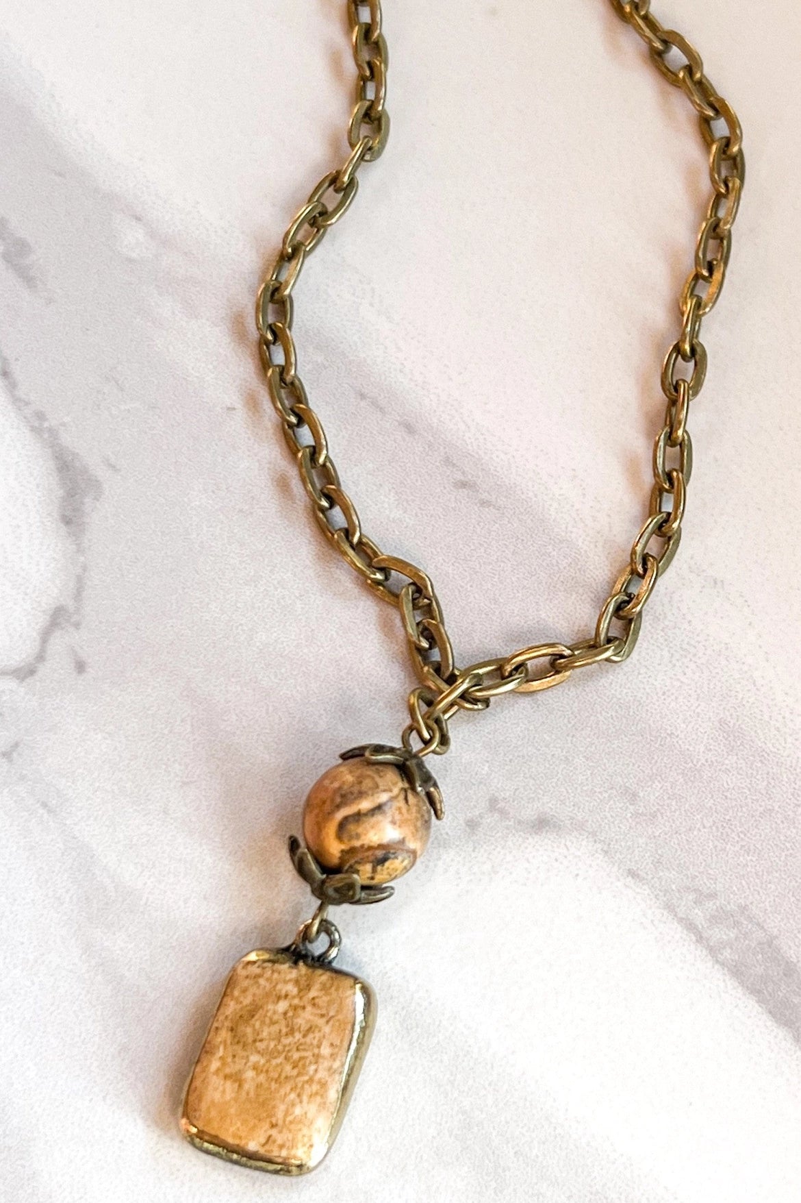 Crazy Agate + Short Bronze Chain Necklace