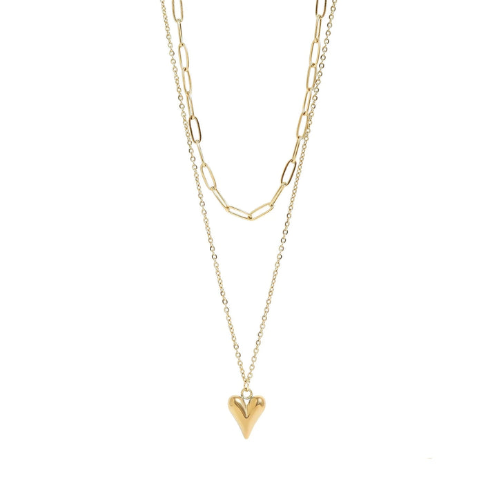 18K Paperclip + Heart Layered Necklace
