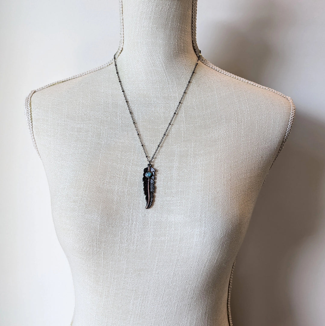 Gunmetal Feather Pendant W/ Turquoise