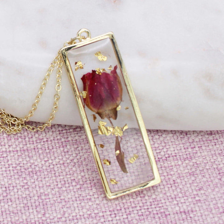 Gold Bar + Red Dried Flower Necklace