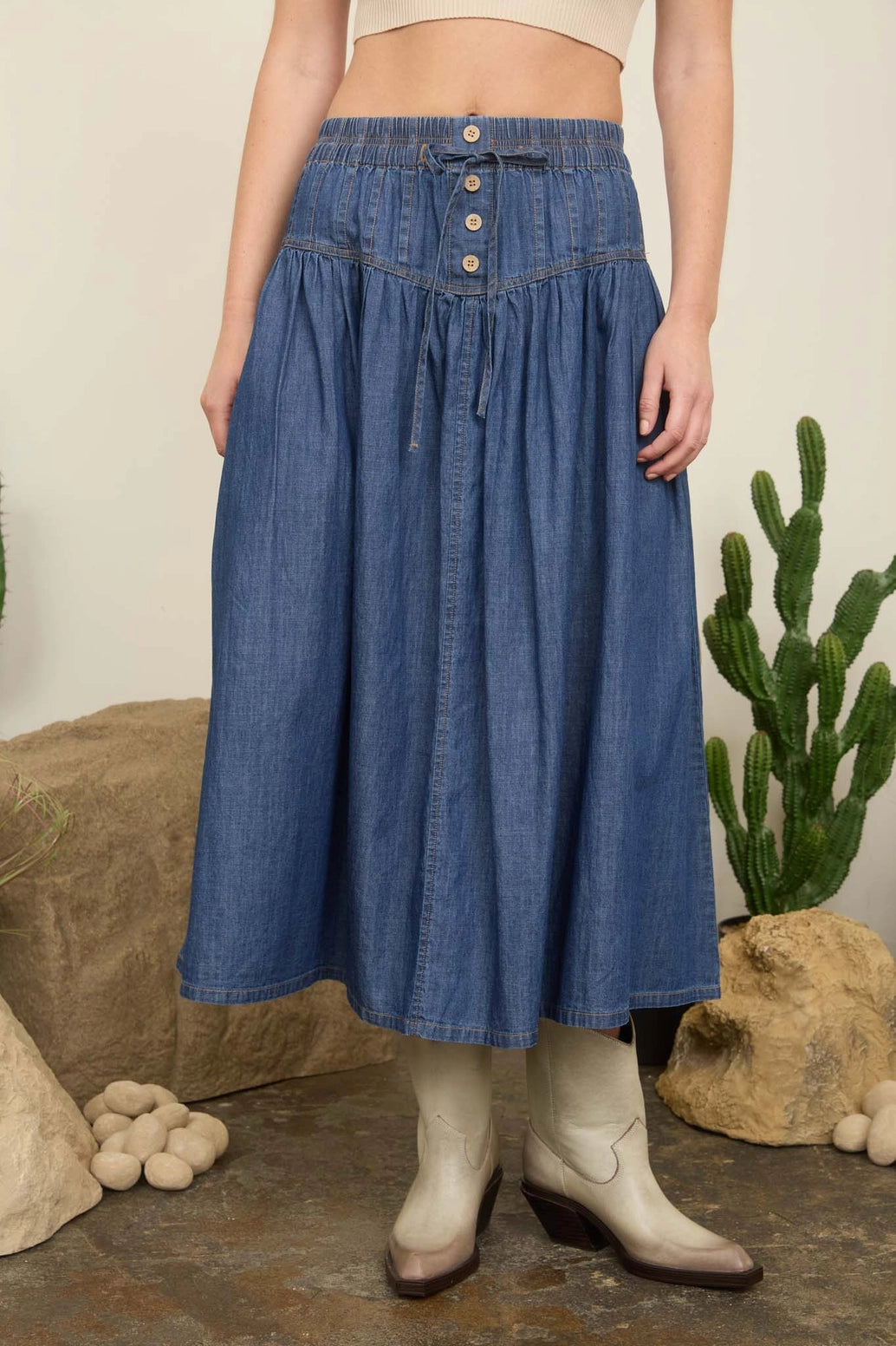 Pintuck Yoke Denim Skirt