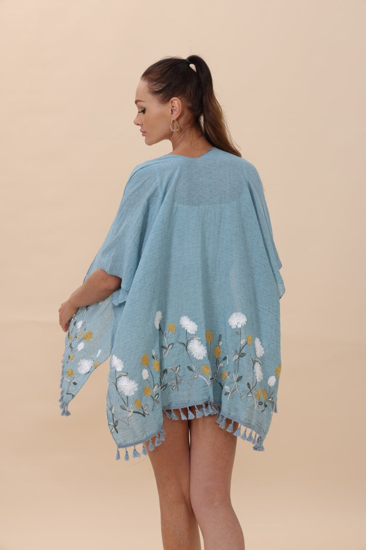 Floral Embroidered Kimono With Tassels