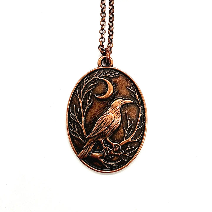 Raven + Crescent Moon Copper Pendant
