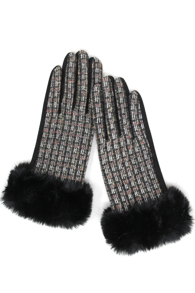 Tweed Gloves W/ Faux Fur Trim