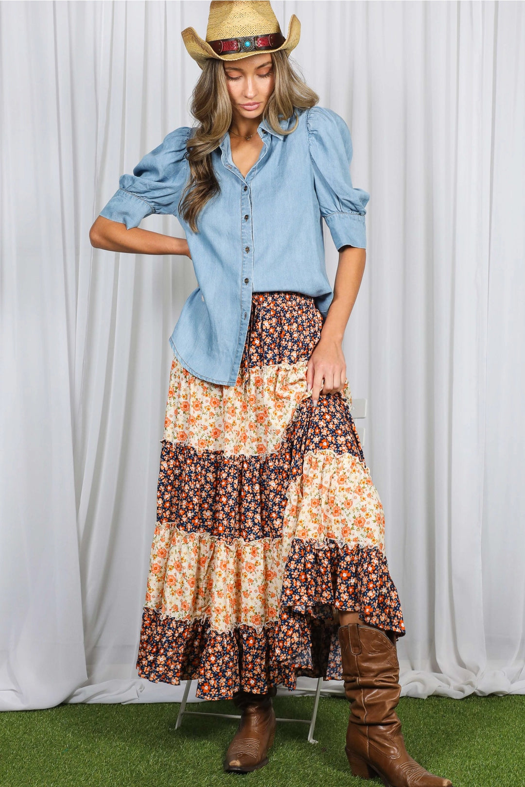 Colorblock Tiered Maxi Skirt