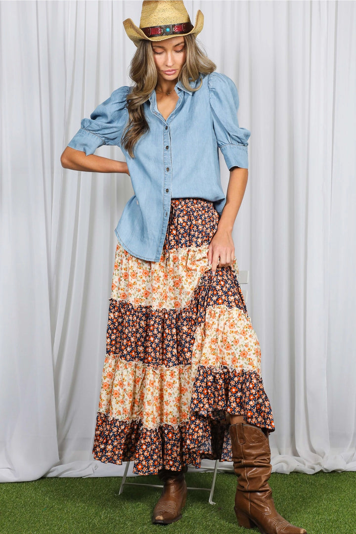Colorblock Tiered Maxi Skirt