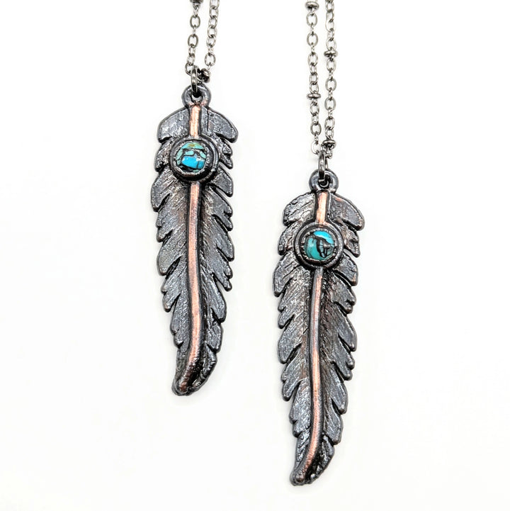 Gunmetal Feather Pendant W/ Turquoise