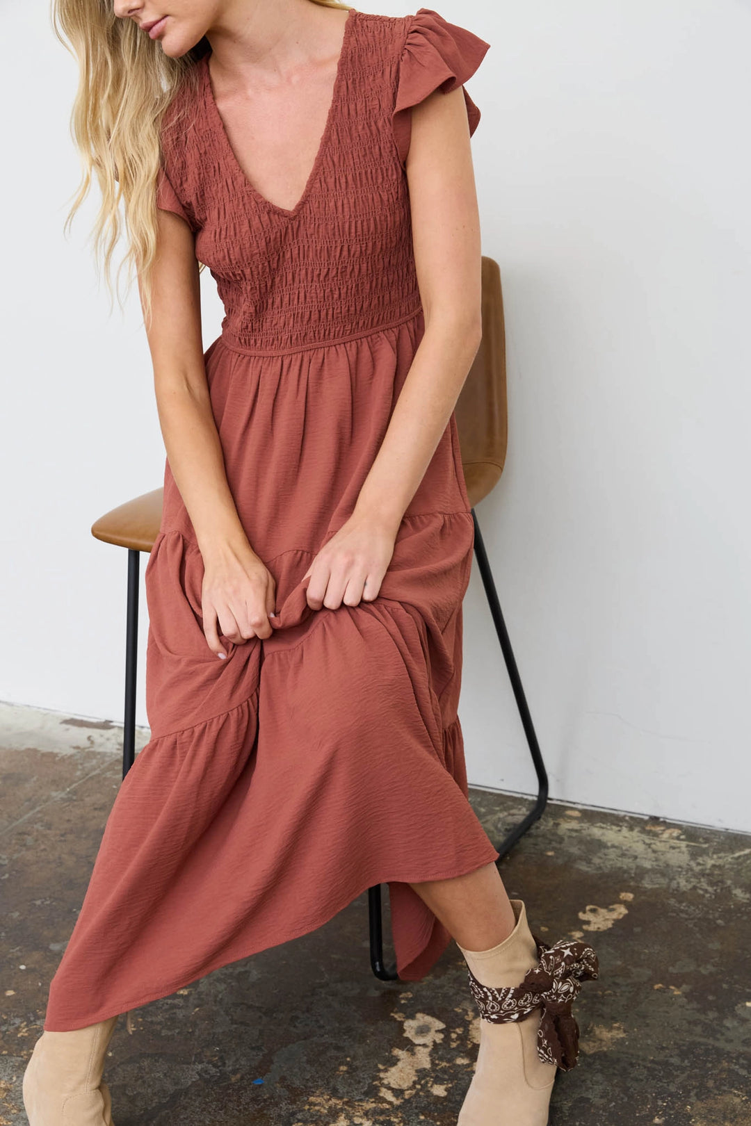 Smocked + Tiered V Neck Dress