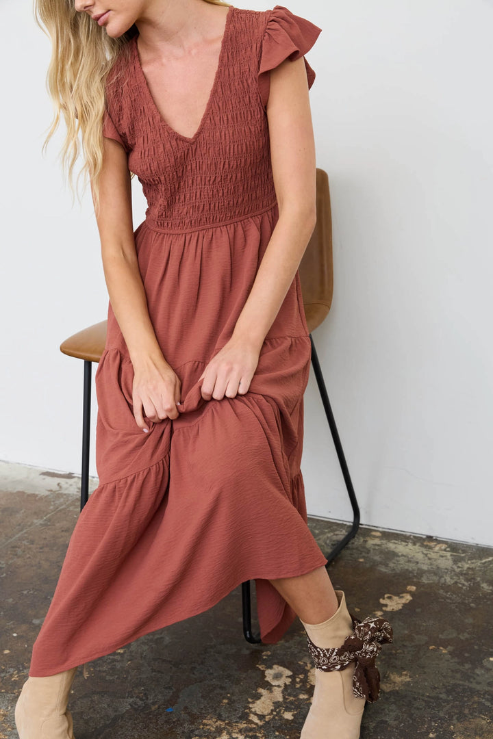 Smocked + Tiered V Neck Dress