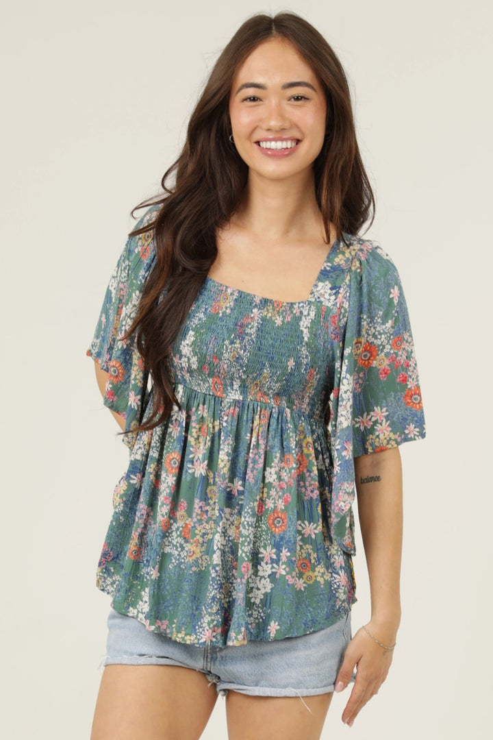 Smocked Floral Top