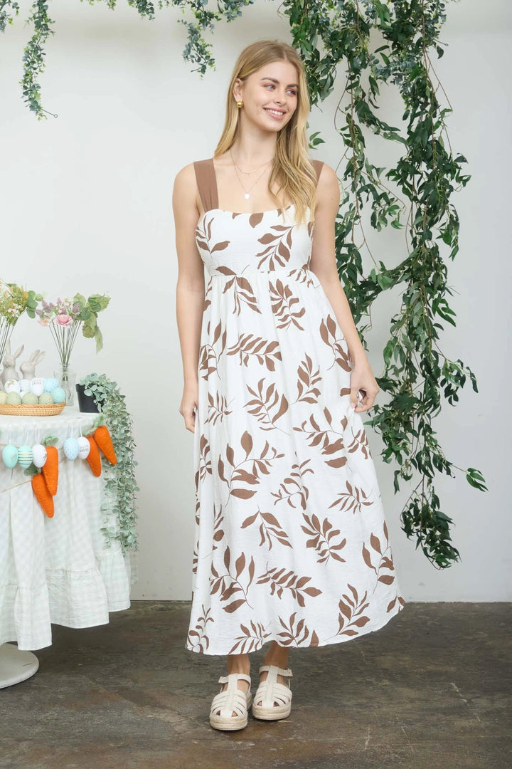 Leaf Print Dress With Bow Accent