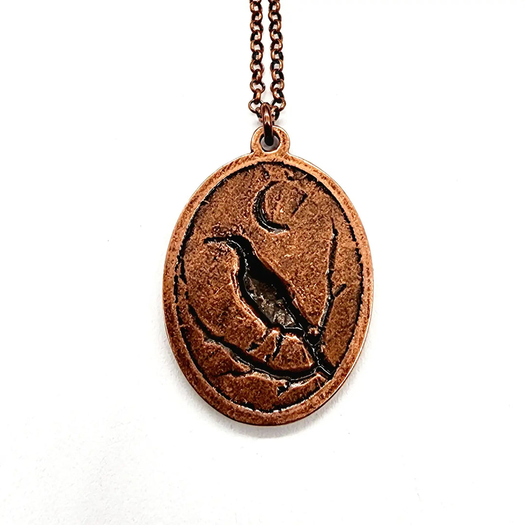 Raven + Crescent Moon Copper Pendant