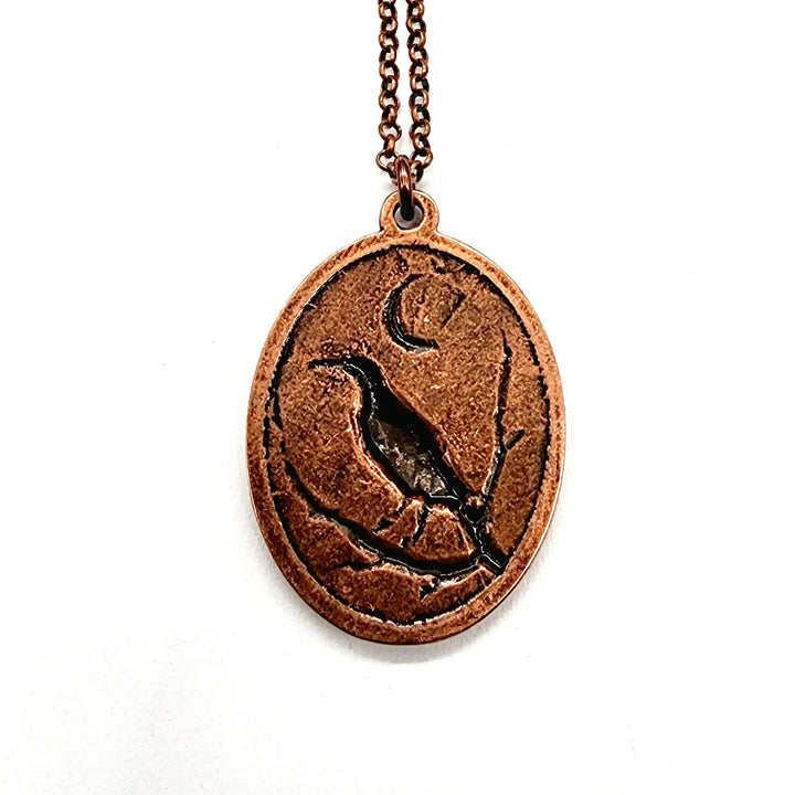 Raven + Crescent Moon Copper Pendant