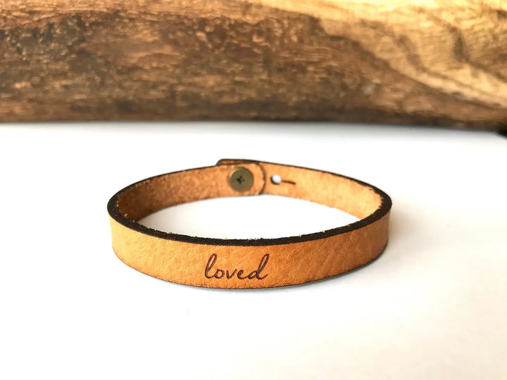 'loved' Engraved Leather Bracelet