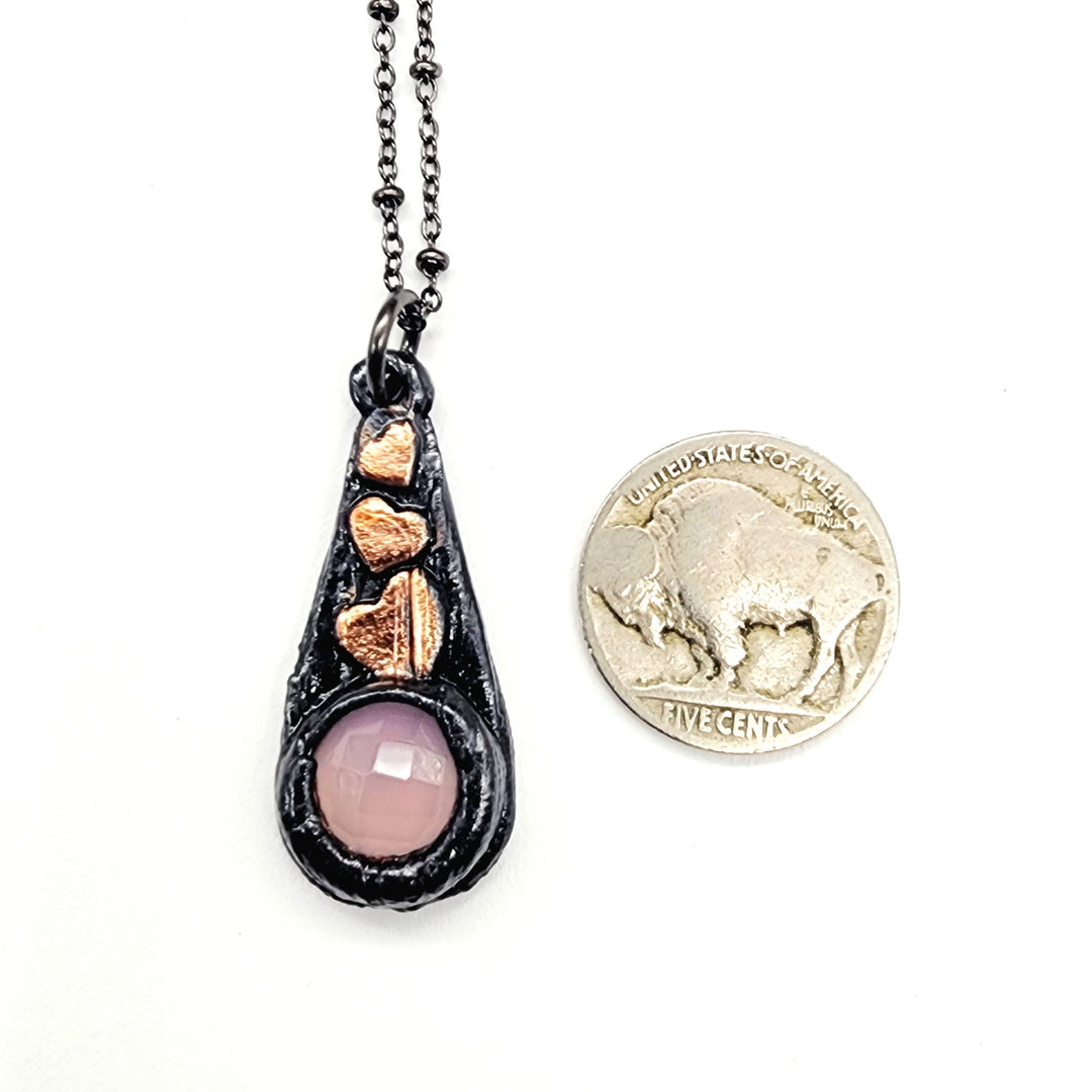 Gunmetal Rose Quartz + Hearts Necklace