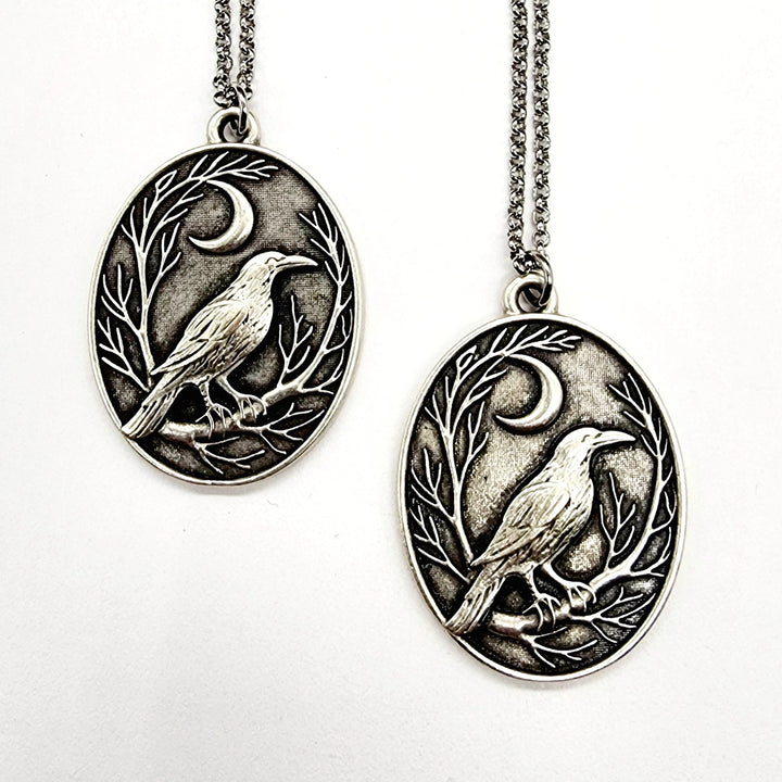 Raven + Crescent Moon Silver Pendant