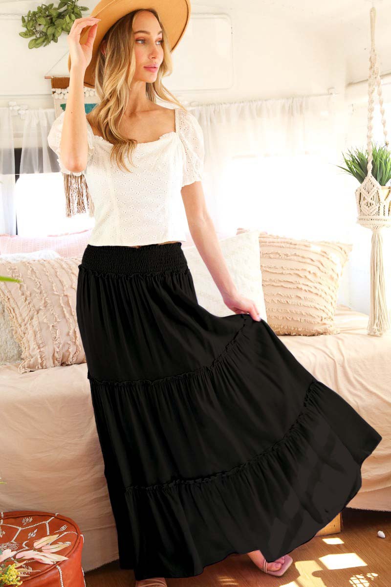 Solid Three Tiered Maxi Skirt