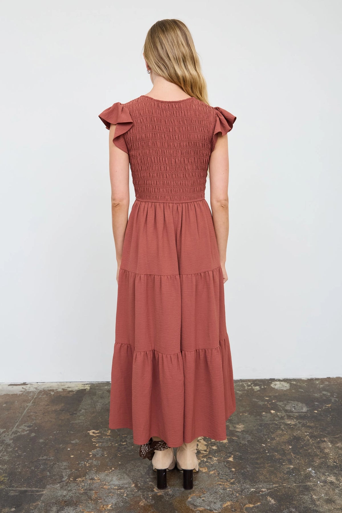 Smocked + Tiered V Neck Dress