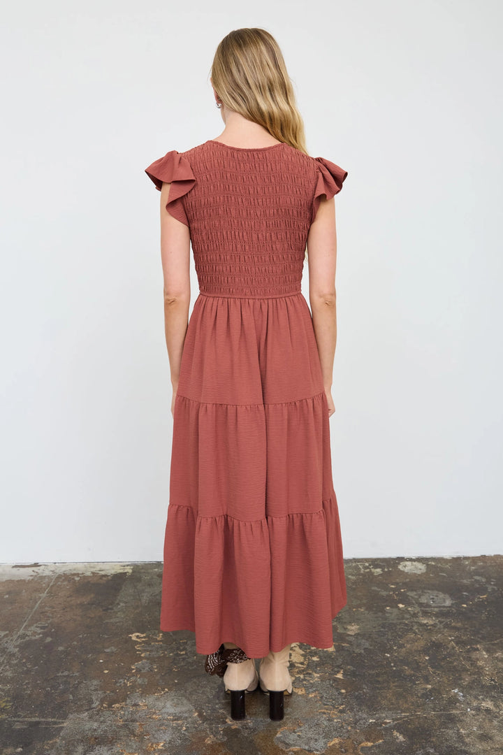 Smocked + Tiered V Neck Dress
