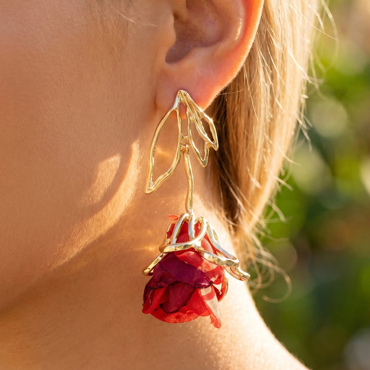 Open Leaf Fabric Rose Earring