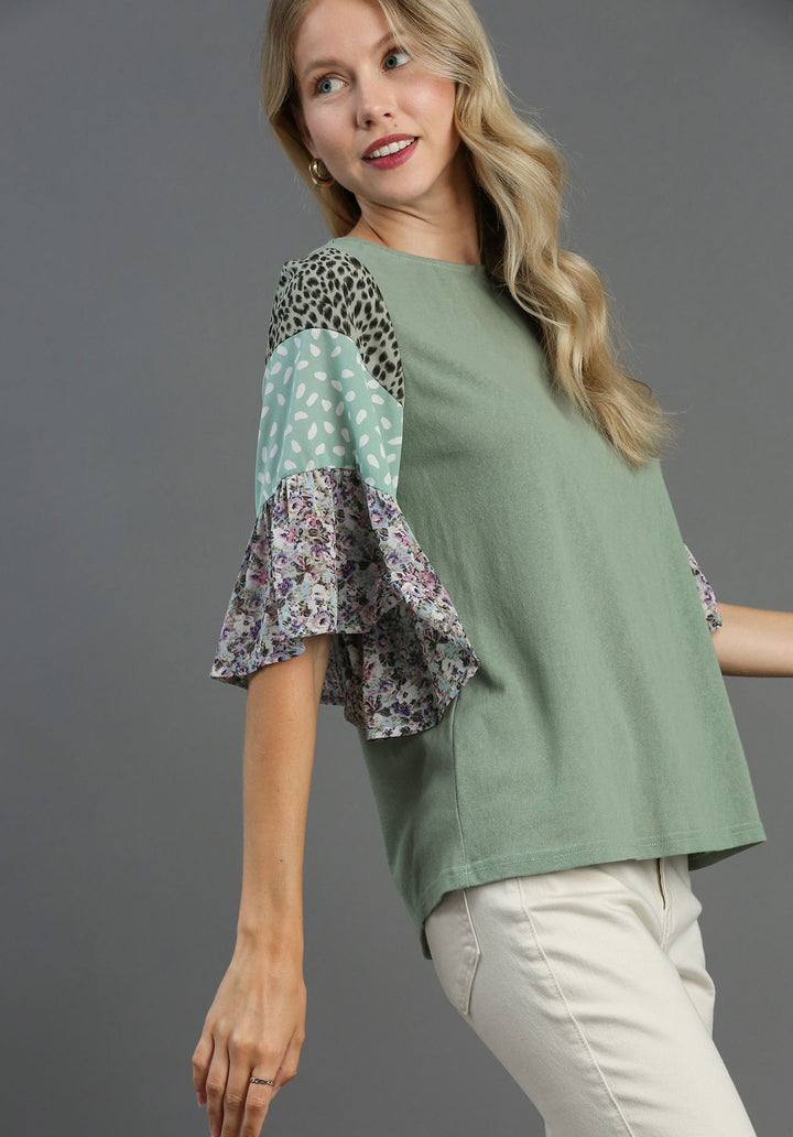 Ruffle Sleeve Raglan Top with Back Tie