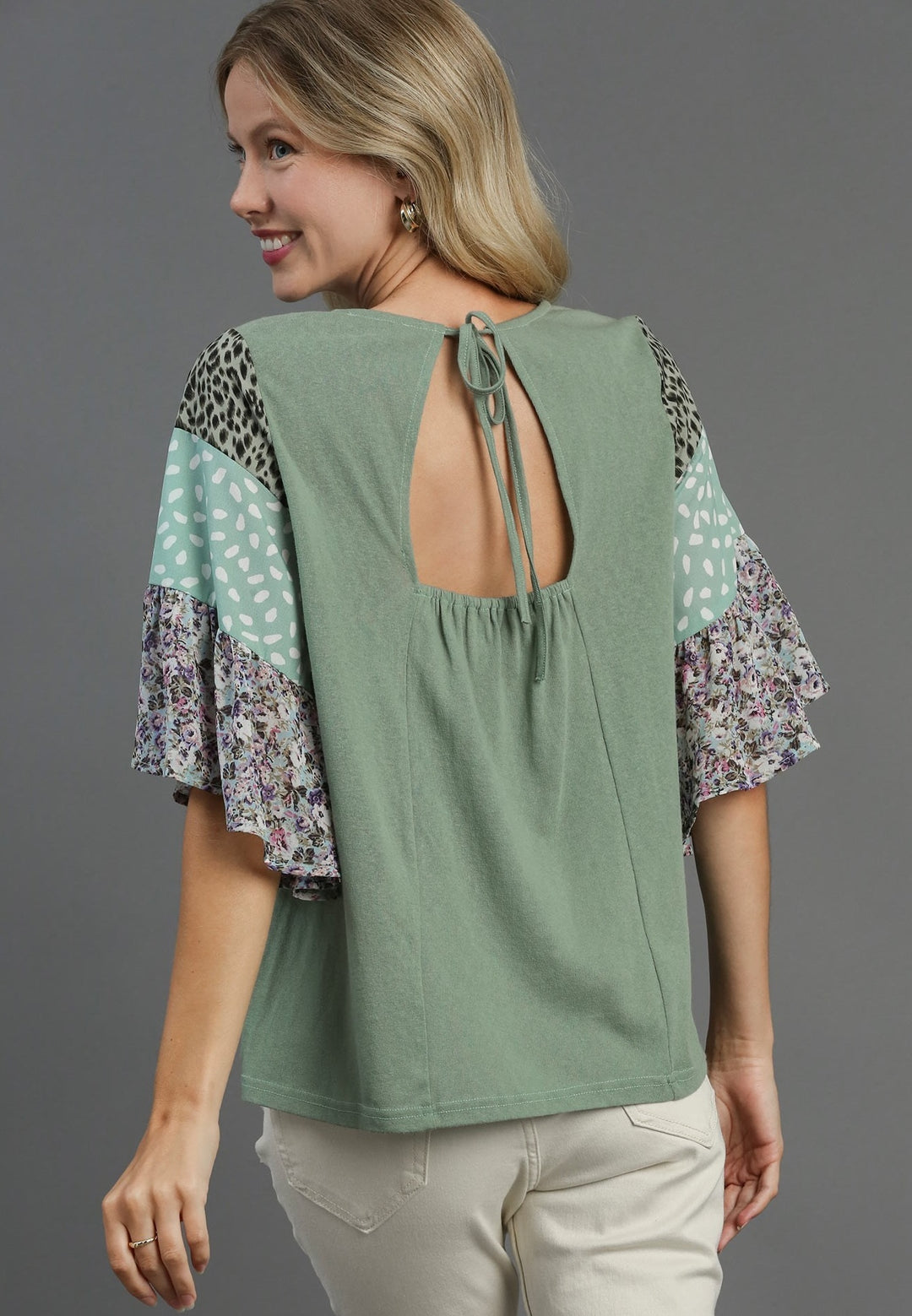 Ruffle Sleeve Raglan Top with Back Tie