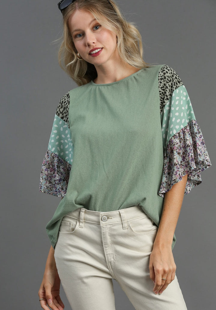 Ruffle Sleeve Raglan Top with Back Tie