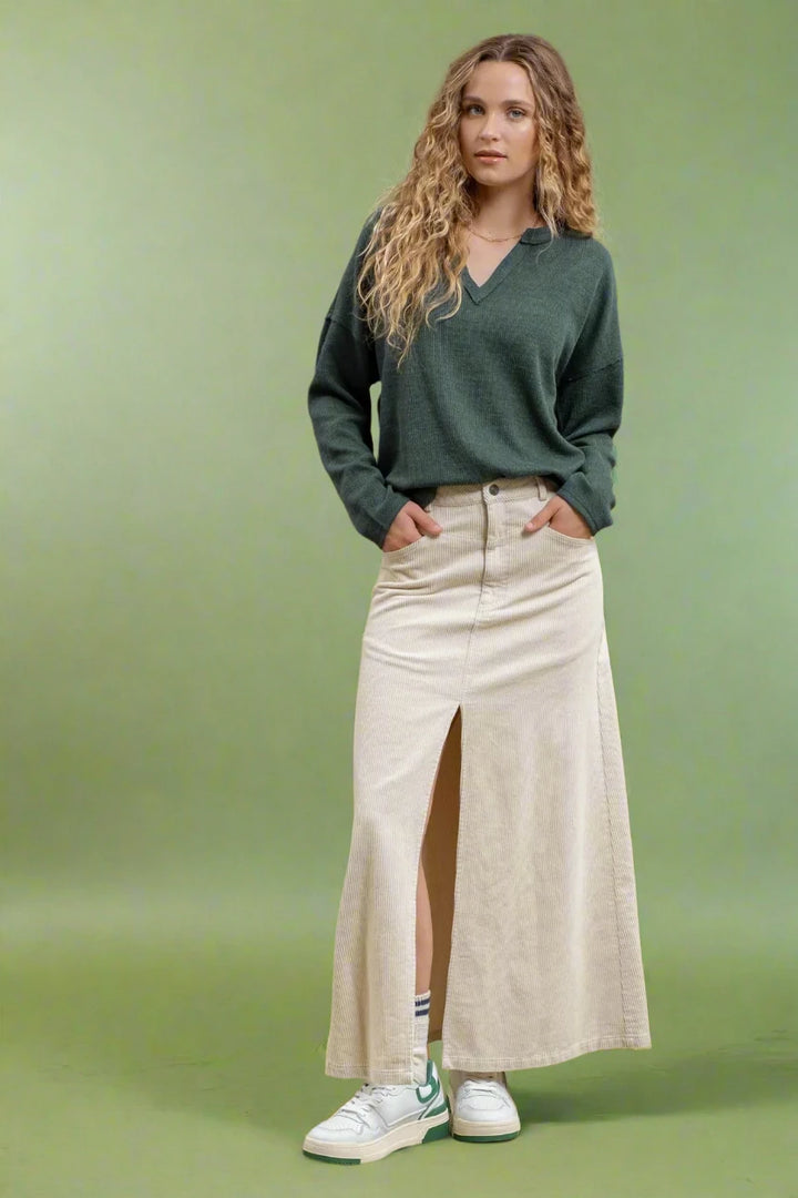 Front Slit Corduroy Maxi Skirt