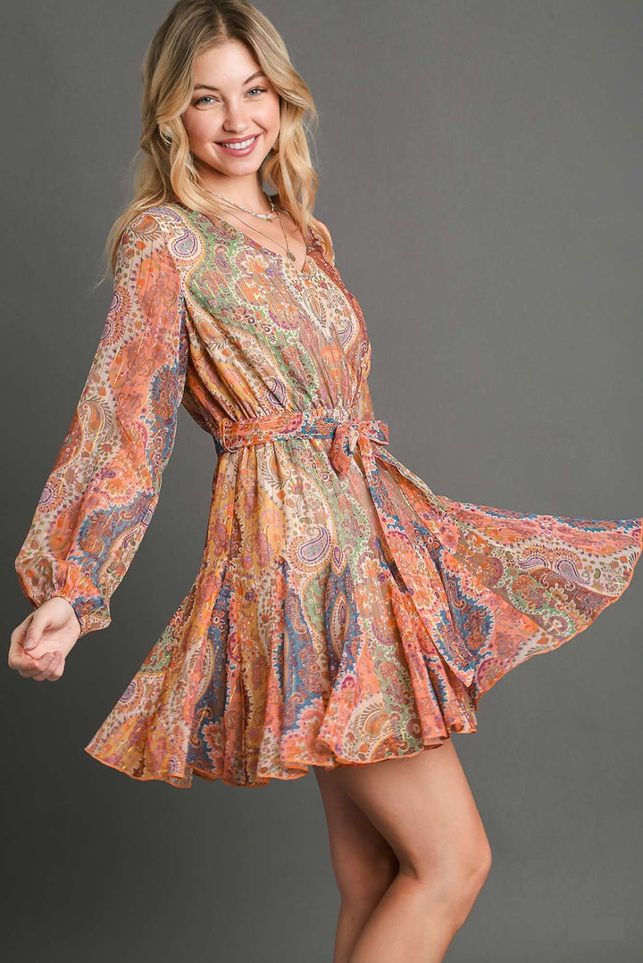 Pleated Paisley Dress