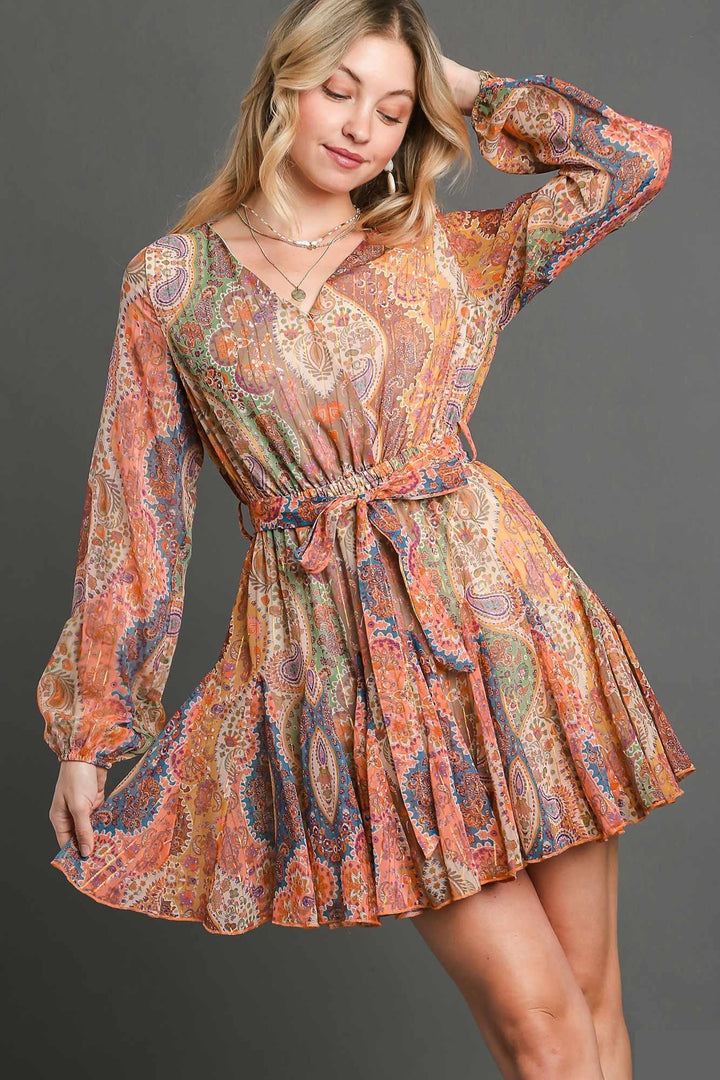 Pleated Paisley Dress