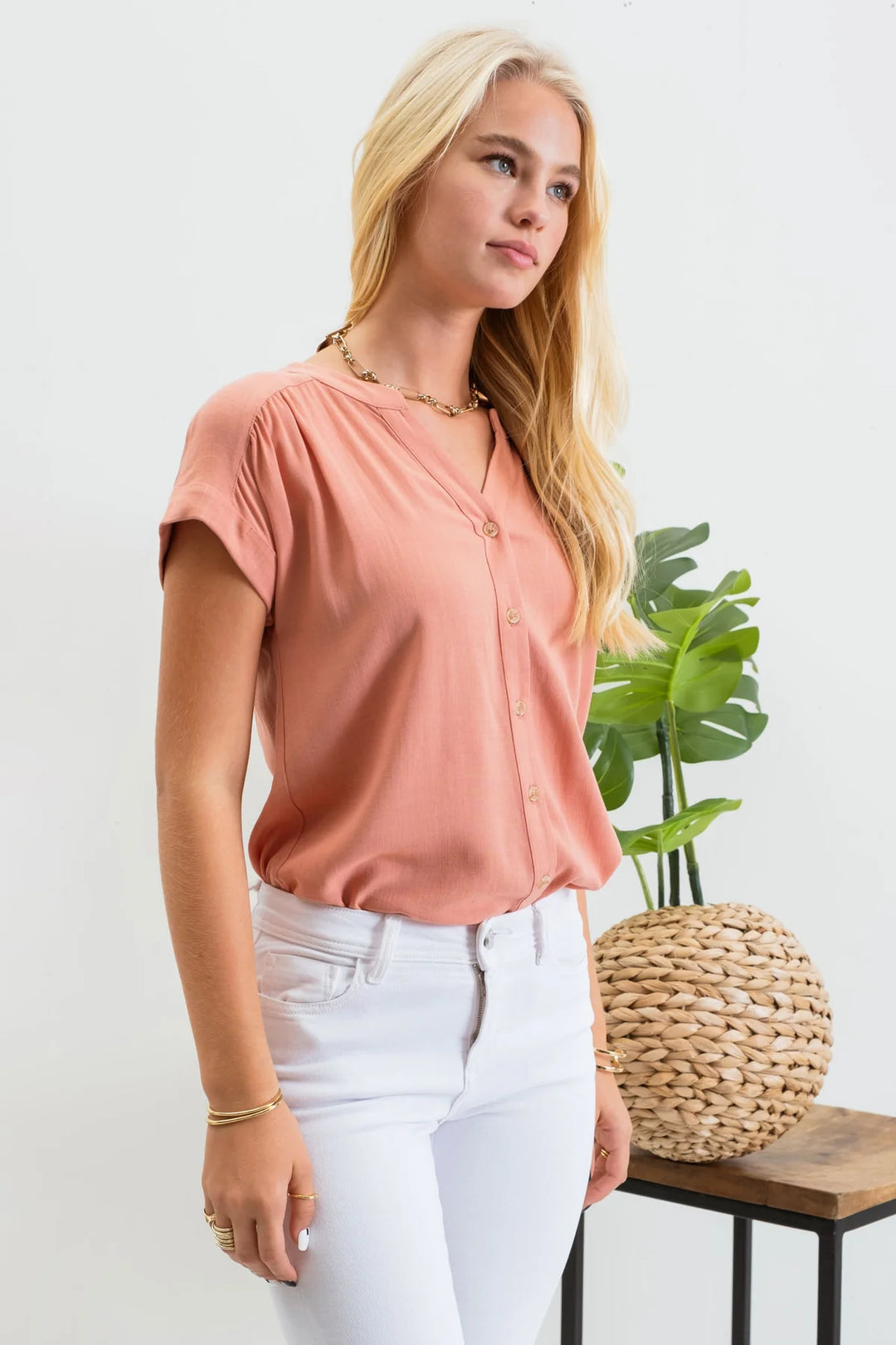 Short Roll Sleeve Button Up Shirt