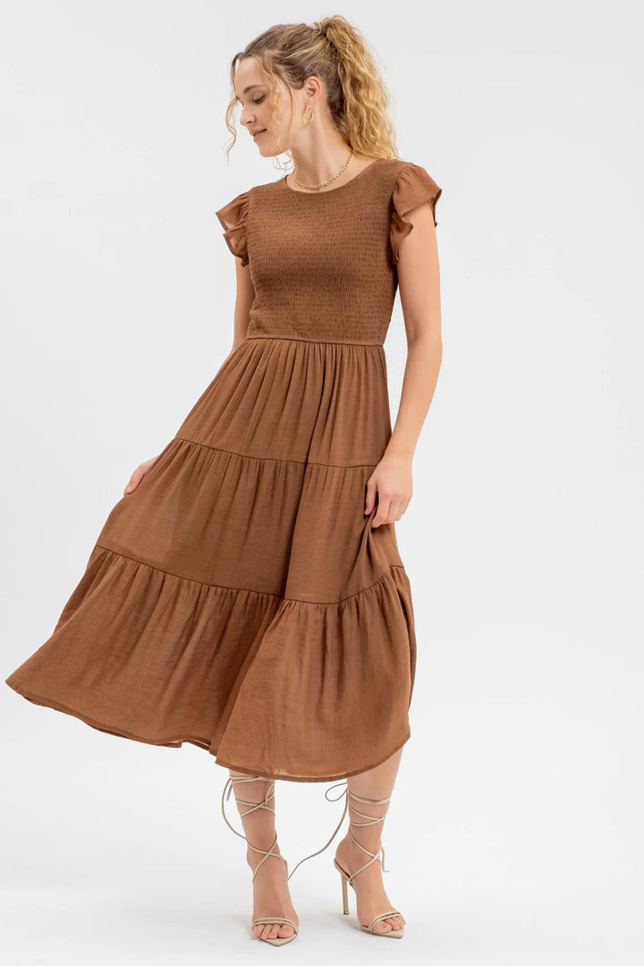 Smocked & Tiered Midi Dress - Round Neck