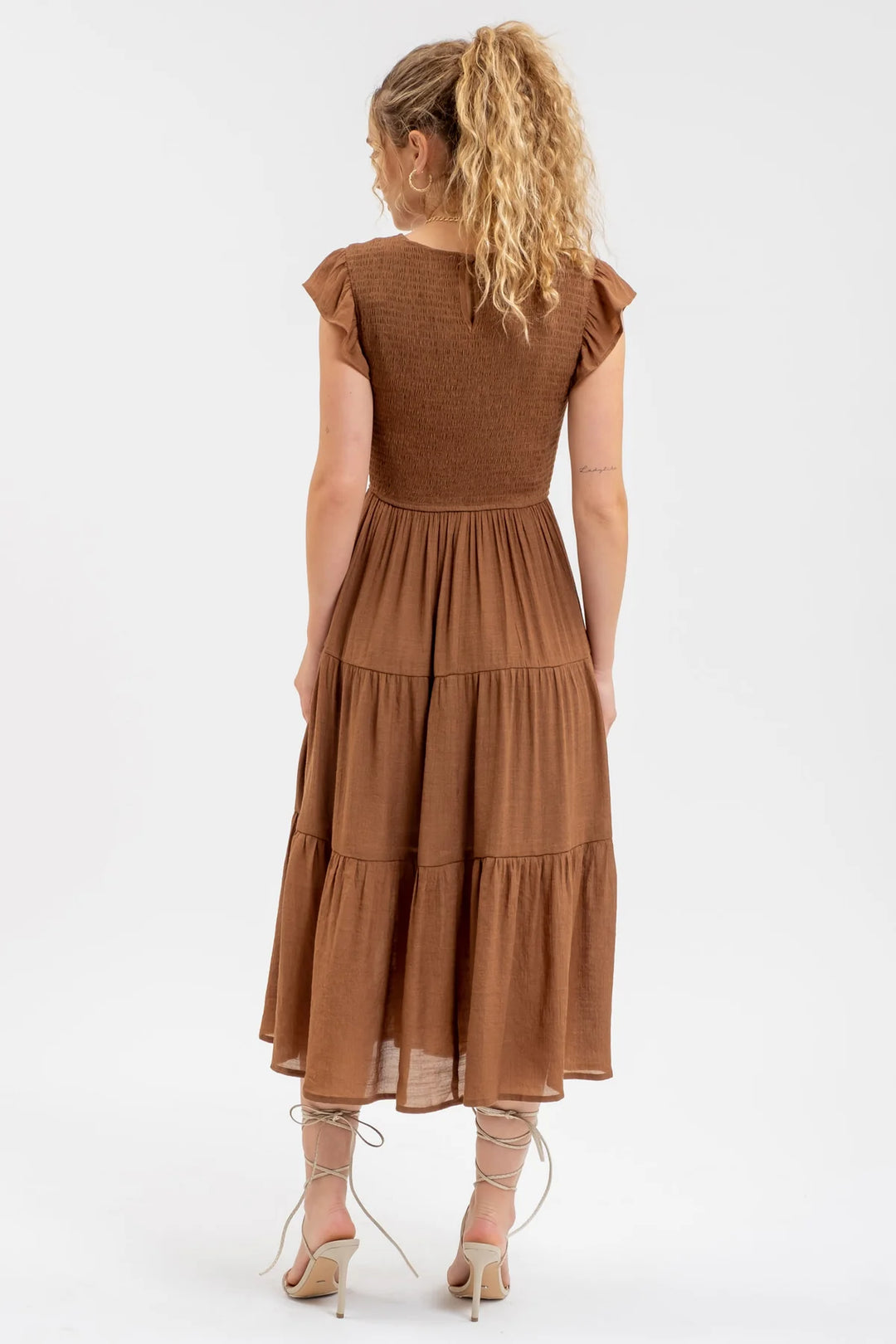 Smocked & Tiered Midi Dress - Round Neck